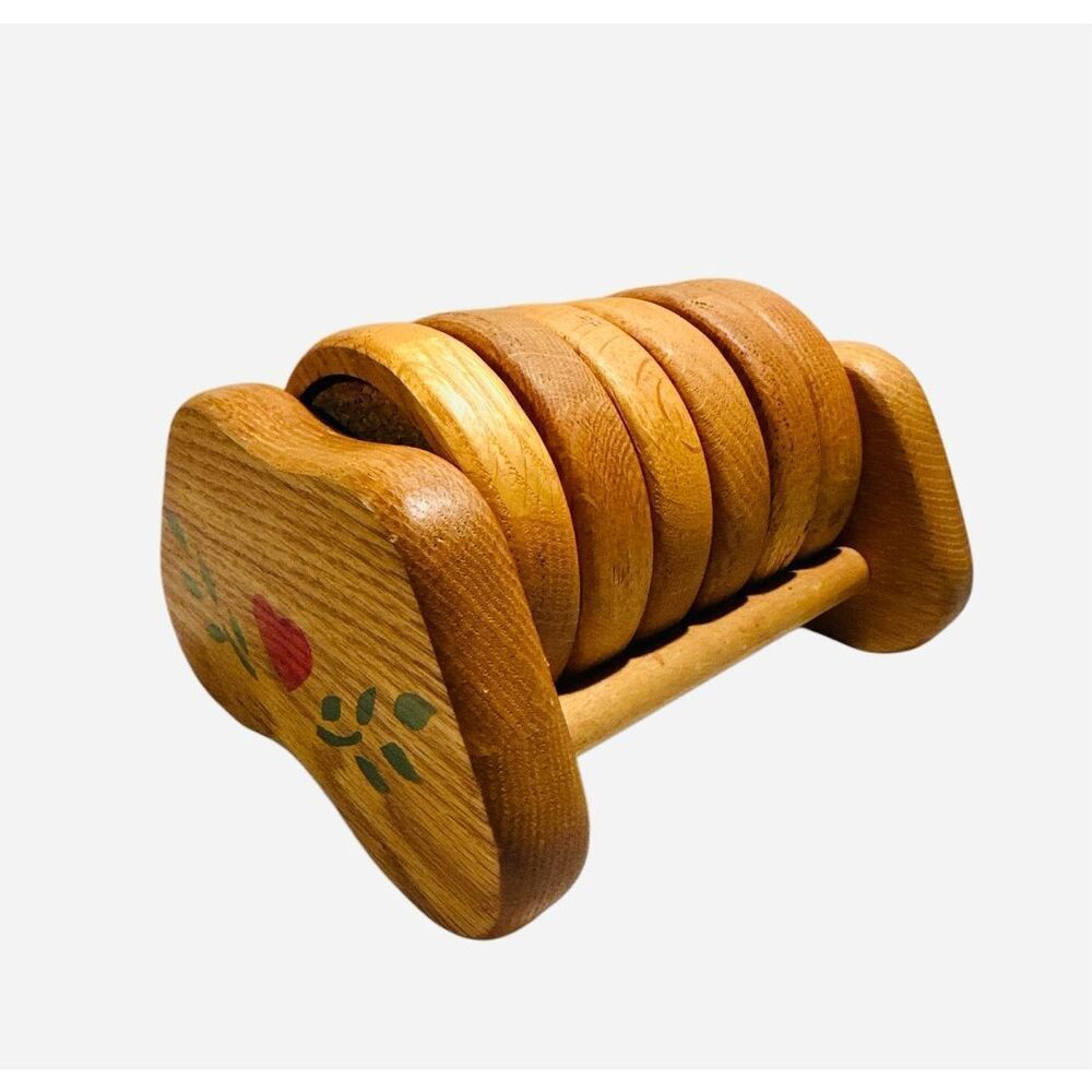 Vintage Set of 6 Wood/Cork Coasters Hand Painted Floral Holder Carrier
